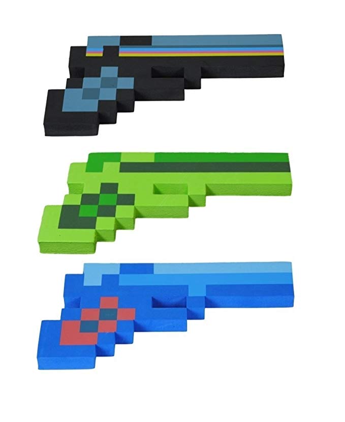 8 Bit Pixelated Blue Diamond, Black Stone & Green Zombie Foam Gun Set of 3