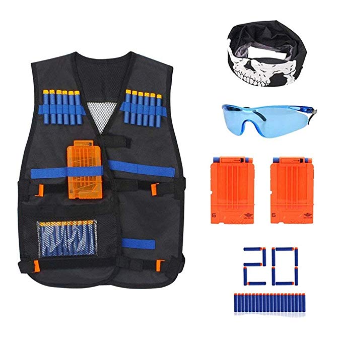 KINGSOO Tactical Vest Kit for Nerf N-Strike Elite Series Tactical Gear Include Vests Glasses Scarves Clips Bullets (Set1)