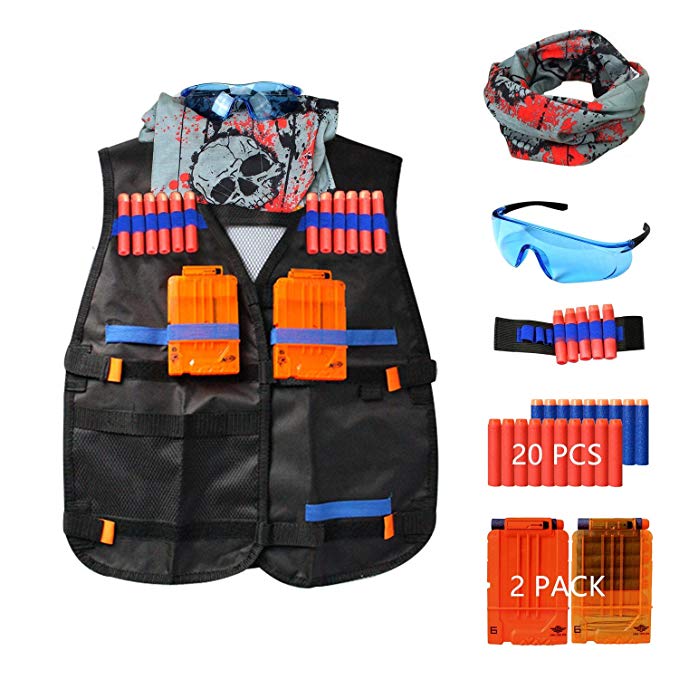 Tactical Vest Kit for Nerf Guns H2Fun Tactical Vest Kit N-Strike Elite Series with 20PCS Refill Darts,2 Quick Reload Magazines, Tactical Mask and Protective Glasses