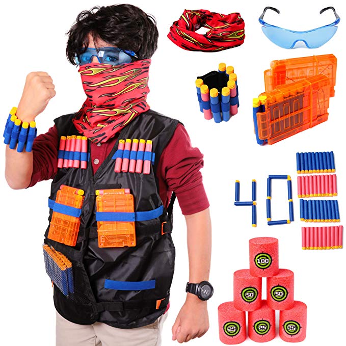 Aveilo Tactical Vest Kit For Nerf Guns N-Strike Elite Series, 40 Refill Soft Tip Darts, 6 Bullet Target Foam Cans, 2 Reload Clips, Protective Glasses, Mask, Wrist Band - Full And Premium Package
